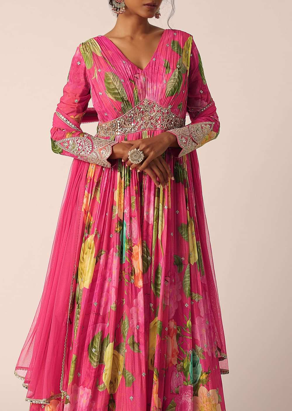 Pink Chiffon Anarkali Set With Embroidered Detail