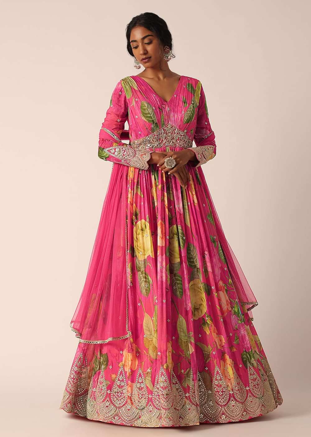 Pink Chiffon Anarkali Set With Embroidered Detail