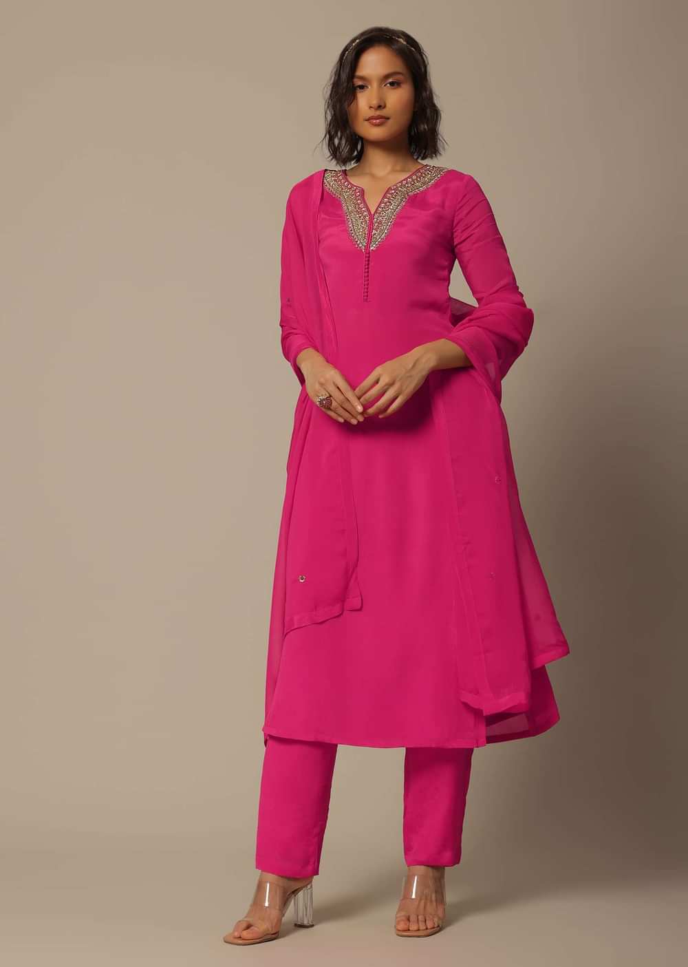 Pink Chiffon Pant Set With Organza Dupatta