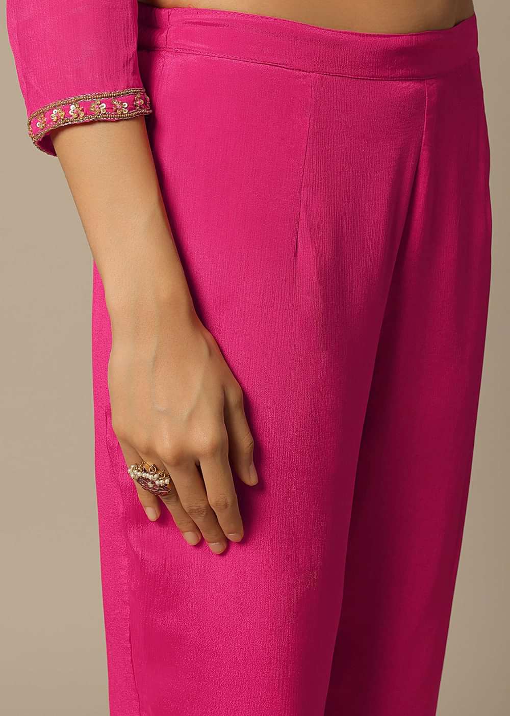 Pink Chiffon Pant Set With Organza Dupatta