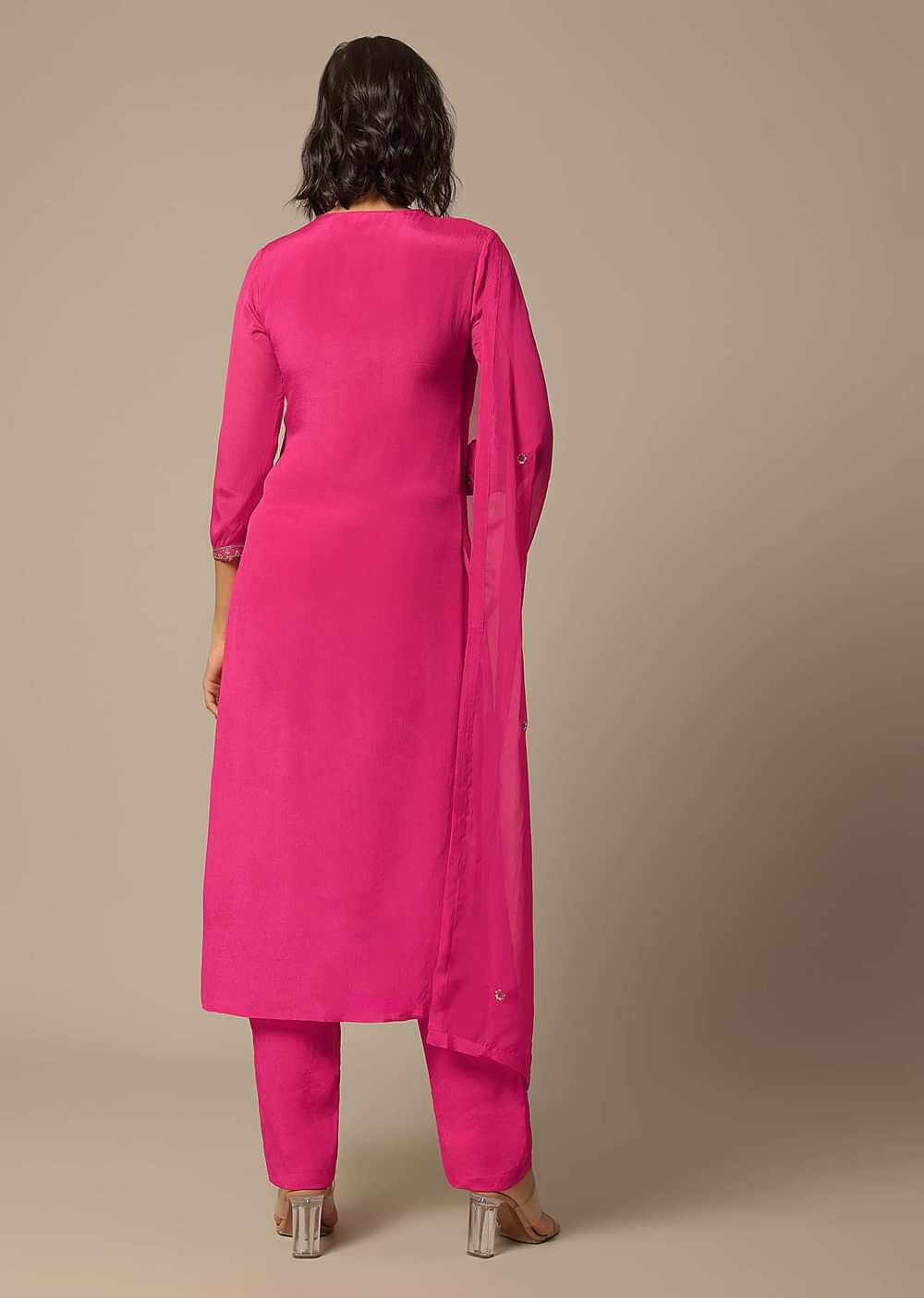 Pink Chiffon Pant Set With Organza Dupatta