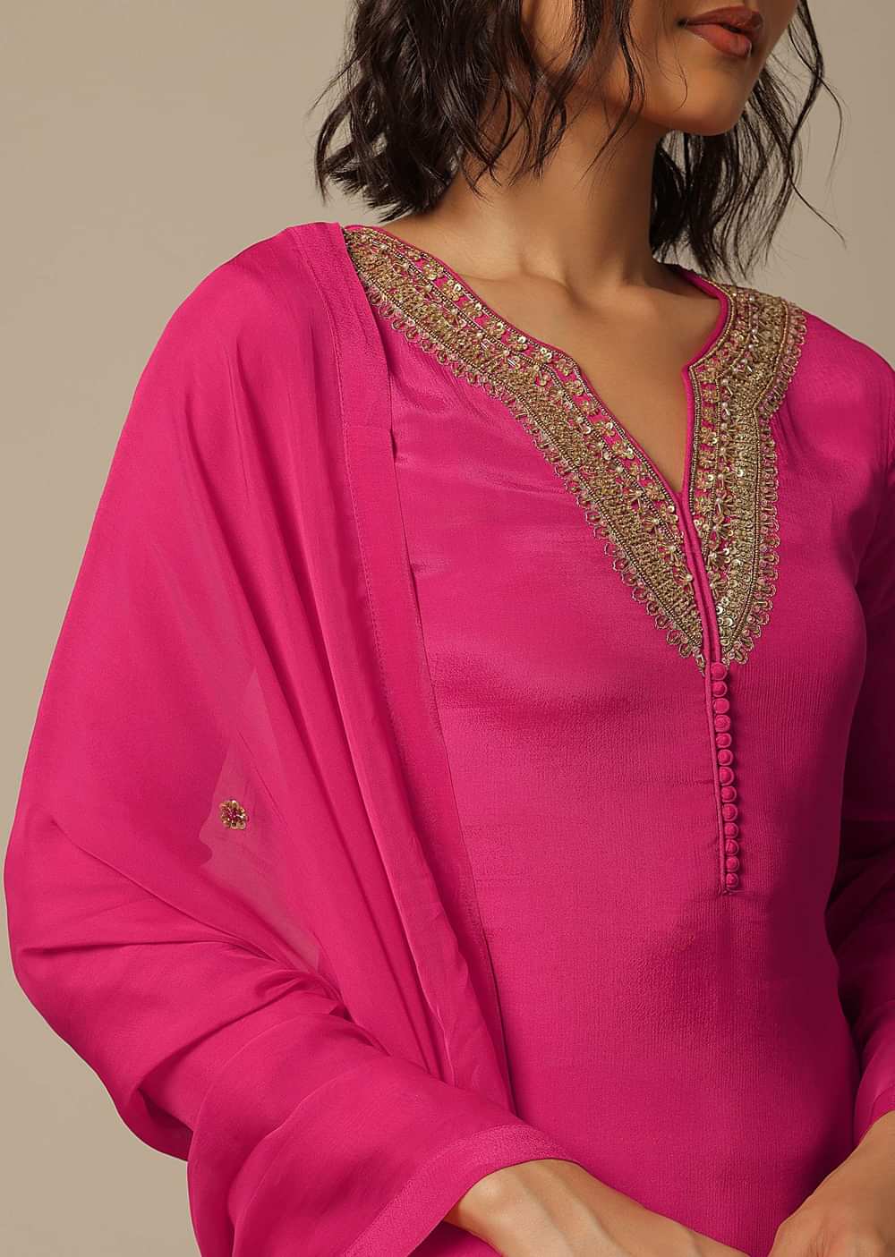 Pink Chiffon Pant Set With Organza Dupatta