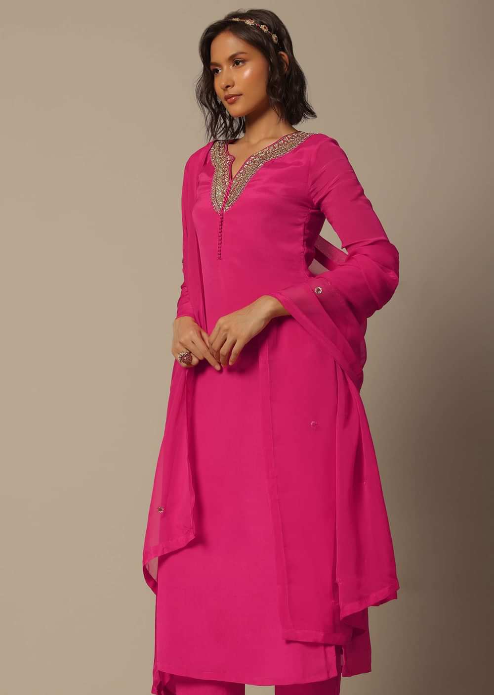 Pink Chiffon Pant Set With Organza Dupatta