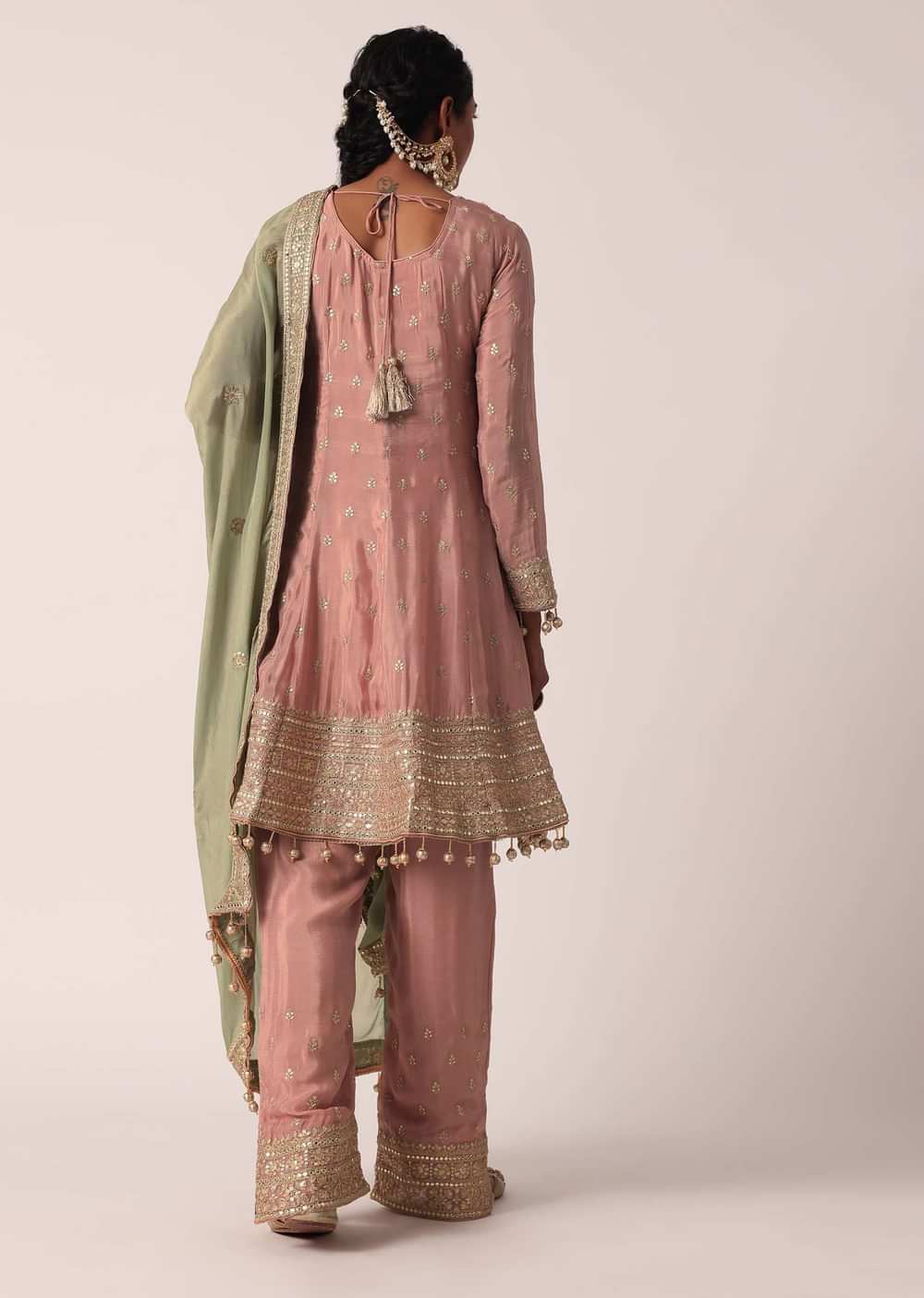 Pink Chiffon Pant Set With Zari Work