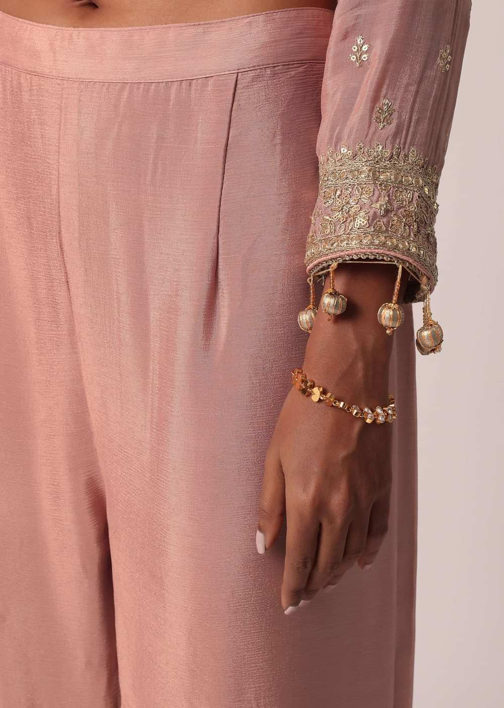 Pink Chiffon Pant Set With Zari Work
