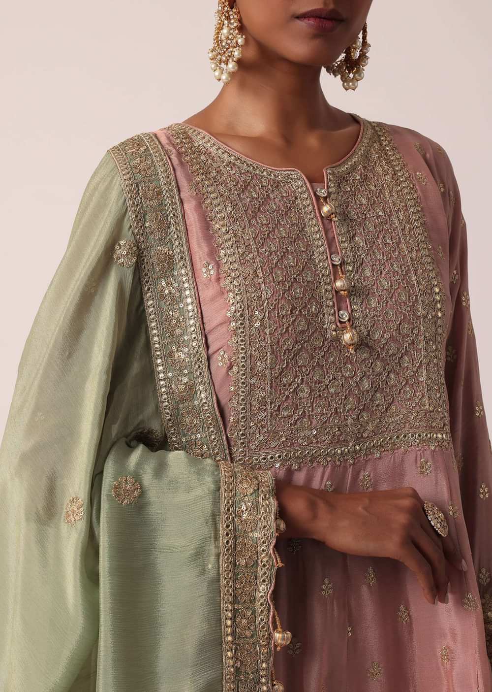 Pink Chiffon Pant Set With Zari Work