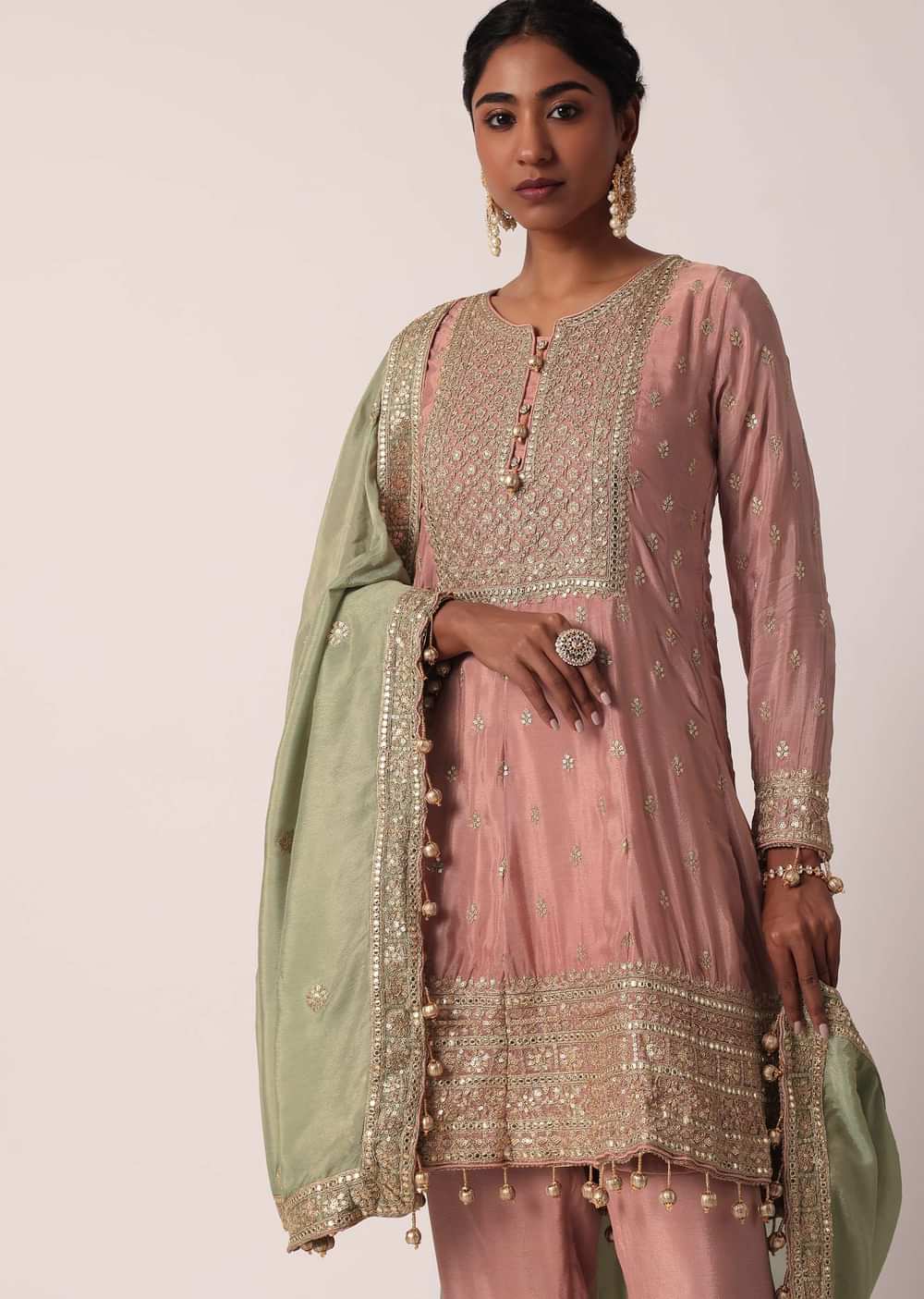 Pink Chiffon Pant Set With Zari Work