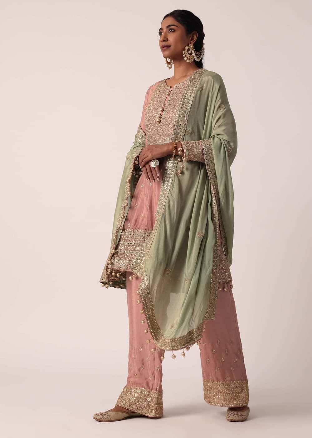 Pink Chiffon Pant Set With Zari Work