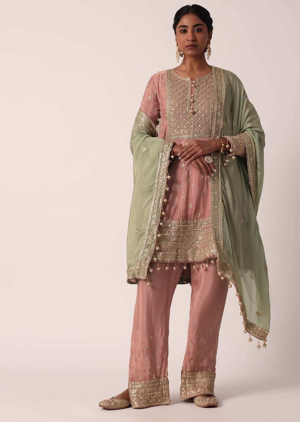 Pink Chiffon Pant Set With Zari Work