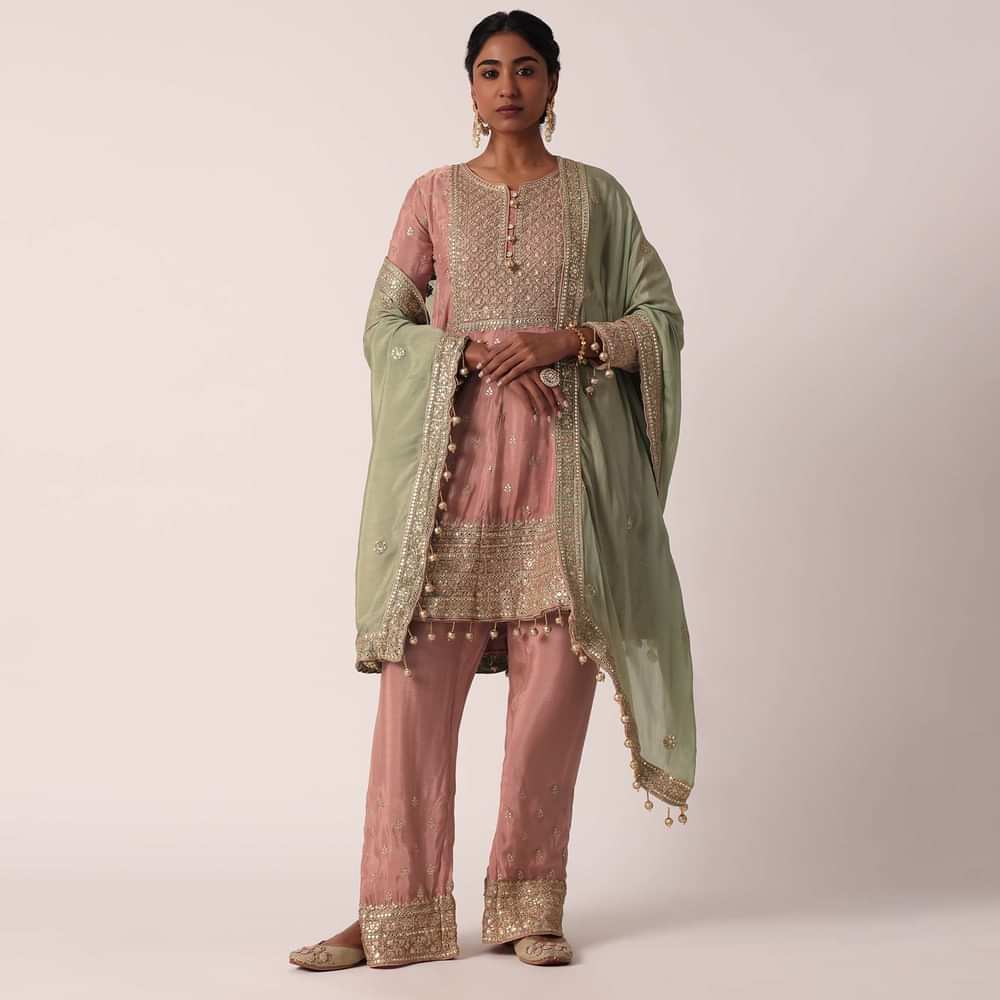 Pink Chiffon Pant Set With Zari Work