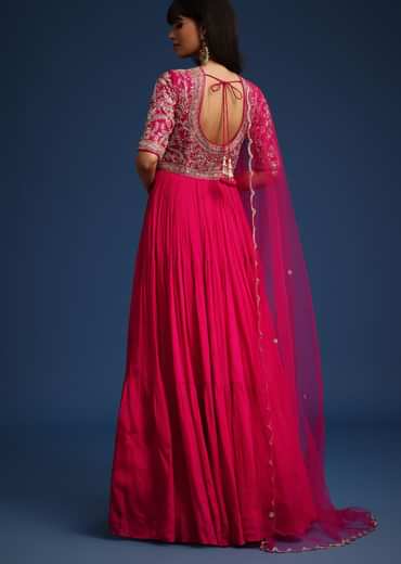 Pink Chinon Zardozi Work Anarkali With Net Dupatta