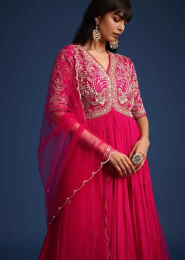 Pink Chinon Zardozi Work Anarkali With Net Dupatta