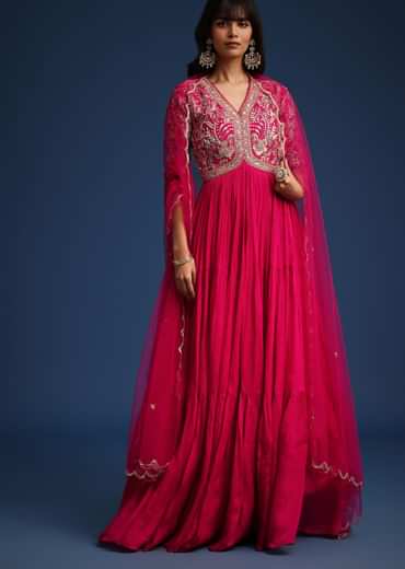 Pink Chinon Zardozi Work Anarkali With Net Dupatta