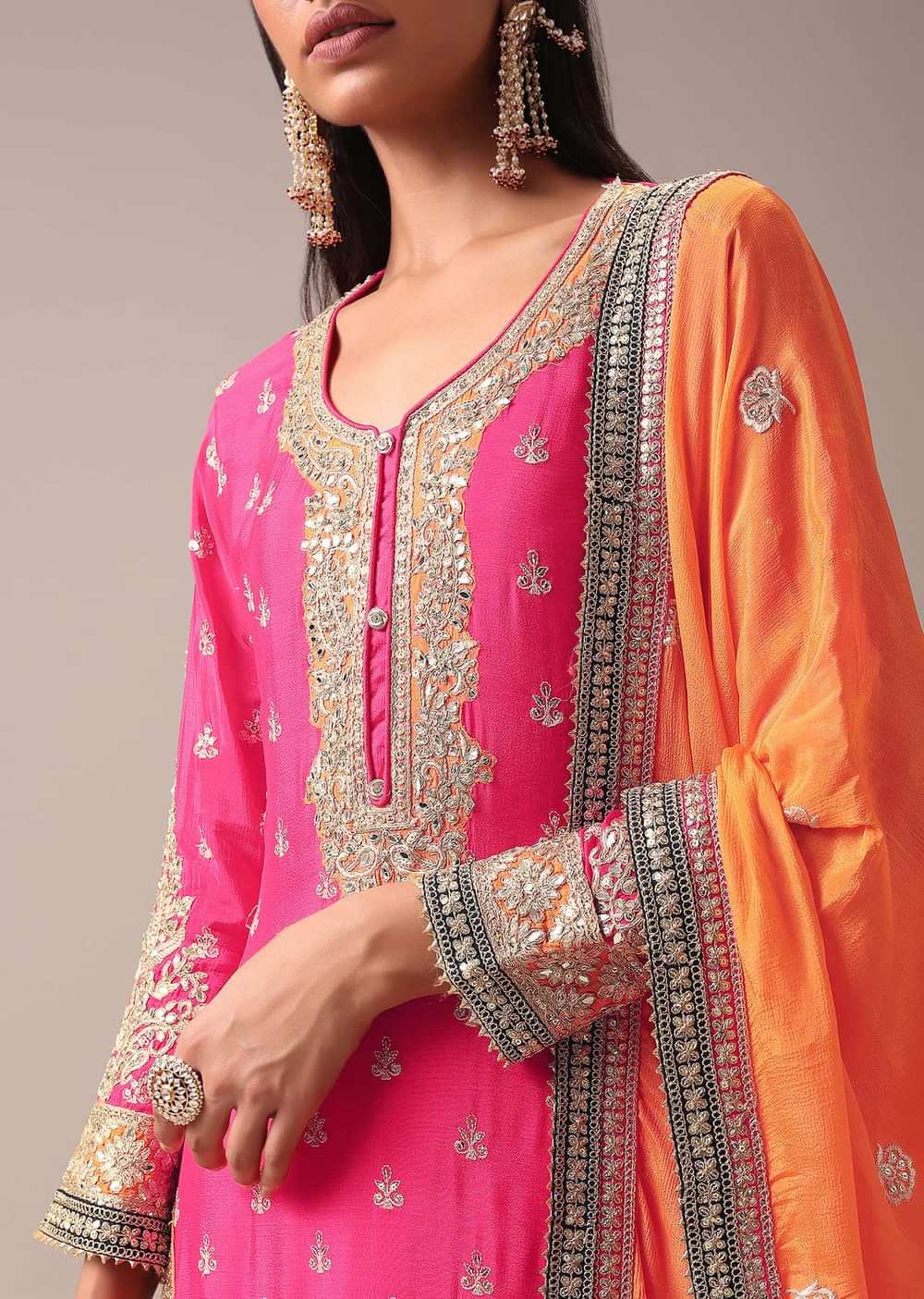 Hot Pink Color Block Pallazo Set In Chinon