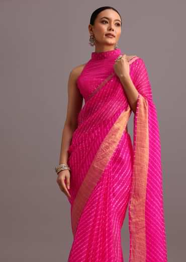 Pink Cotton Kota Leheriya Zari Work Woven Saree With Unstitched Blouse