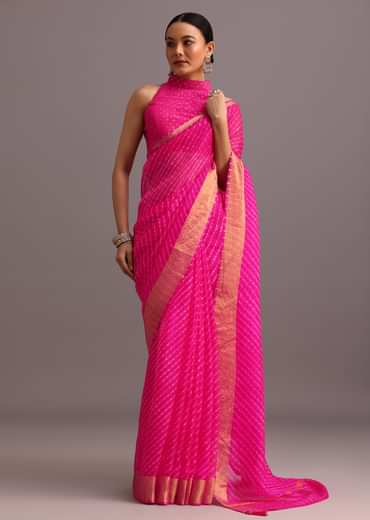 Pink Cotton Kota Leheriya Zari Work Woven Saree With Unstitched Blouse