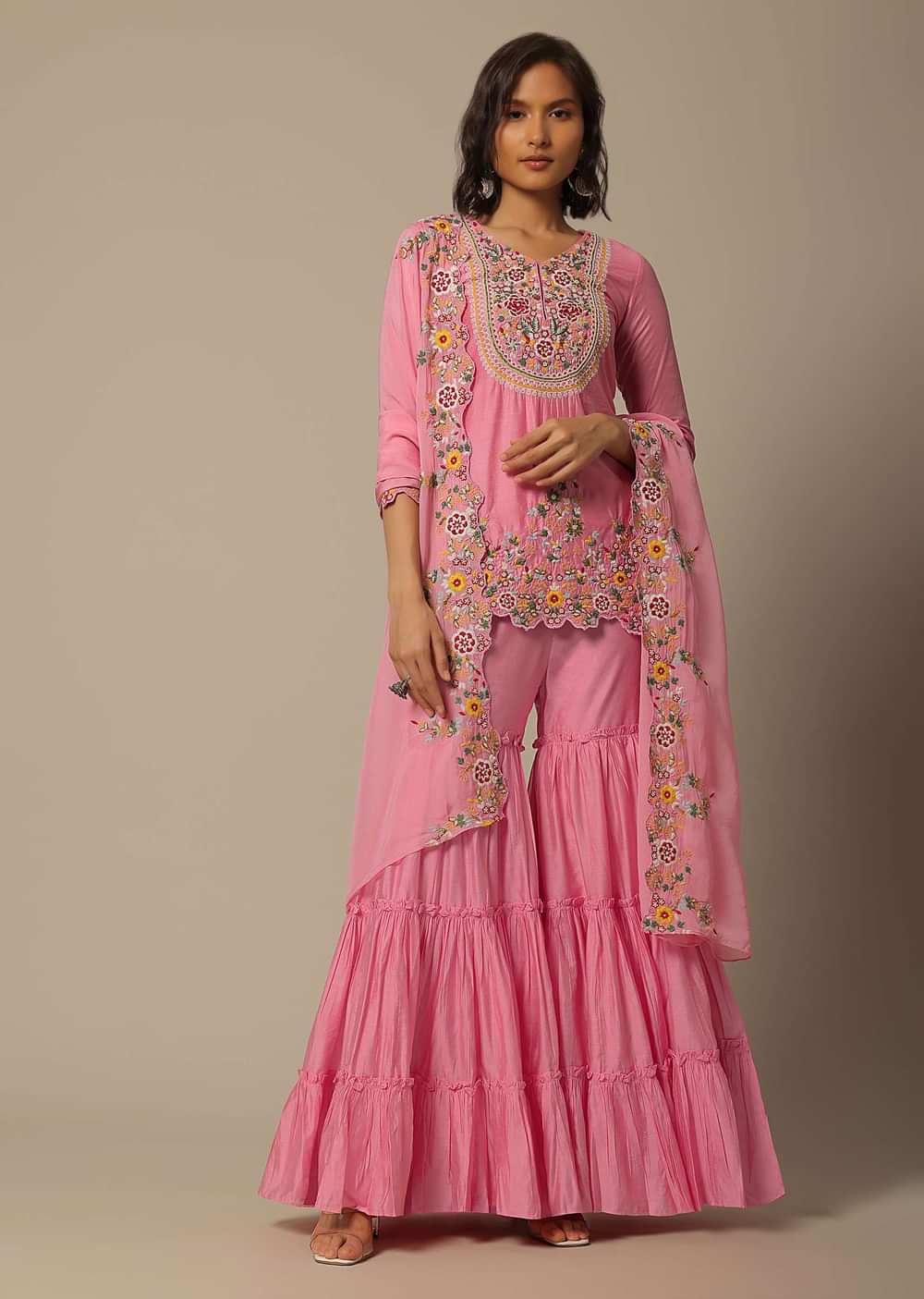 Pink Cotton Sharara Set With Floral Motif Embroidery