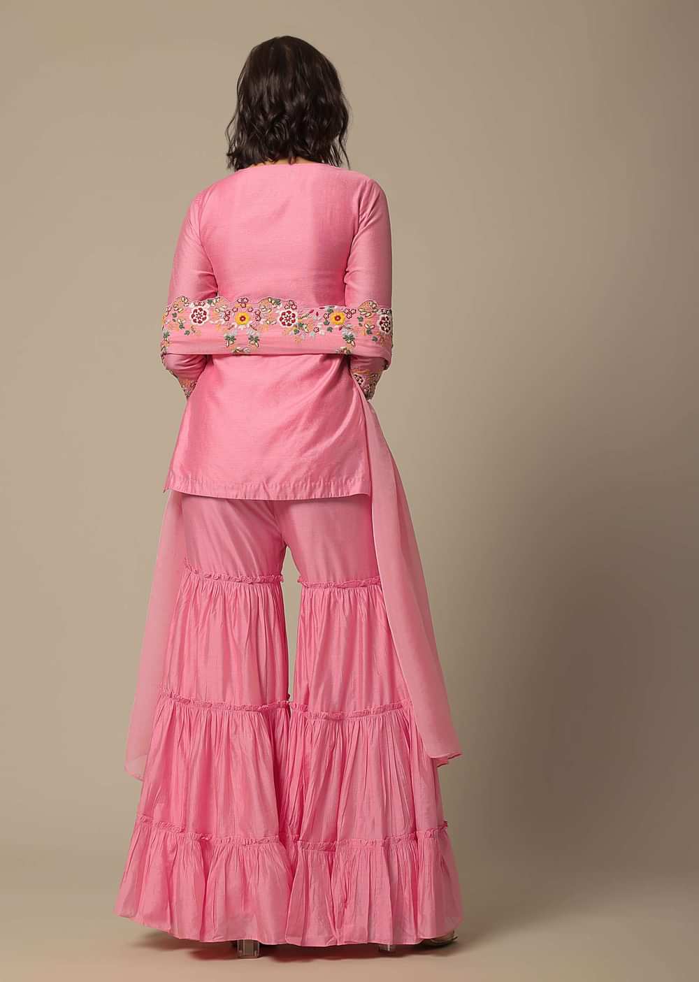 Pink Cotton Sharara Set With Floral Motif Embroidery