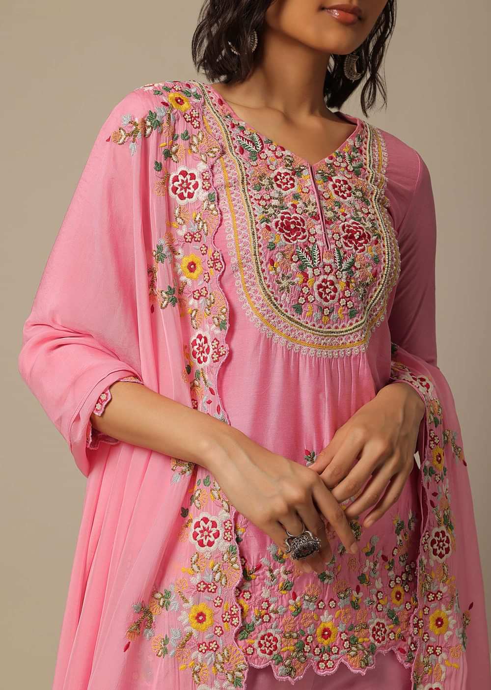 Pink Cotton Sharara Set With Floral Motif Embroidery