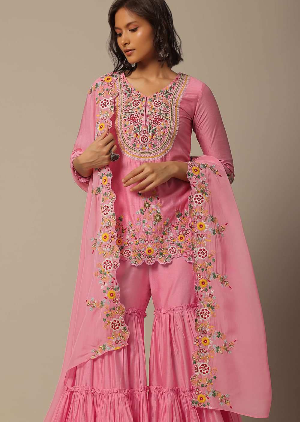 Pink Cotton Sharara Set With Floral Motif Embroidery