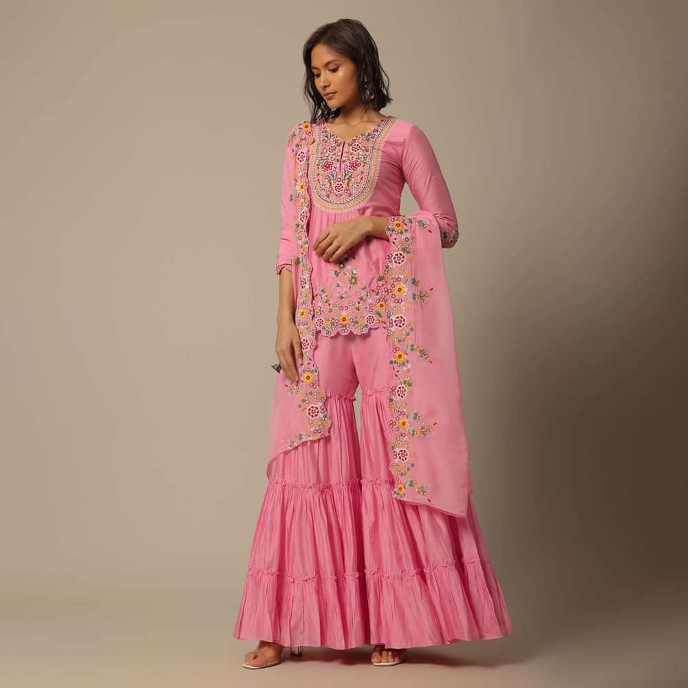 Pink Cotton Sharara Set With Floral Motif Embroidery