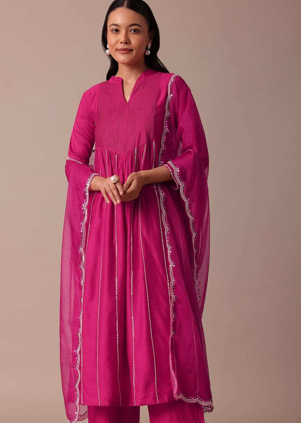Pink Cotton Silk Pant Set With Embroidered Kurta