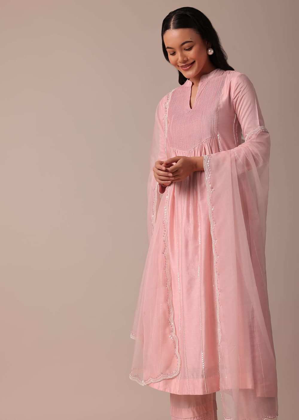 Pink Cotton Silk Pant Set With Sequin Work