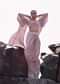 Pink Cowl Blouse With Draped Skirt And Jacket