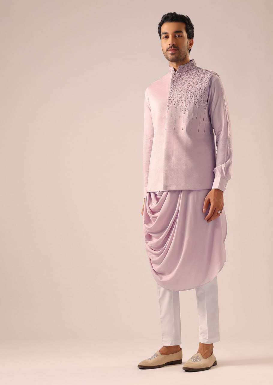 Pink Cowl Kurta And Jacket Set with Cutwork Detail