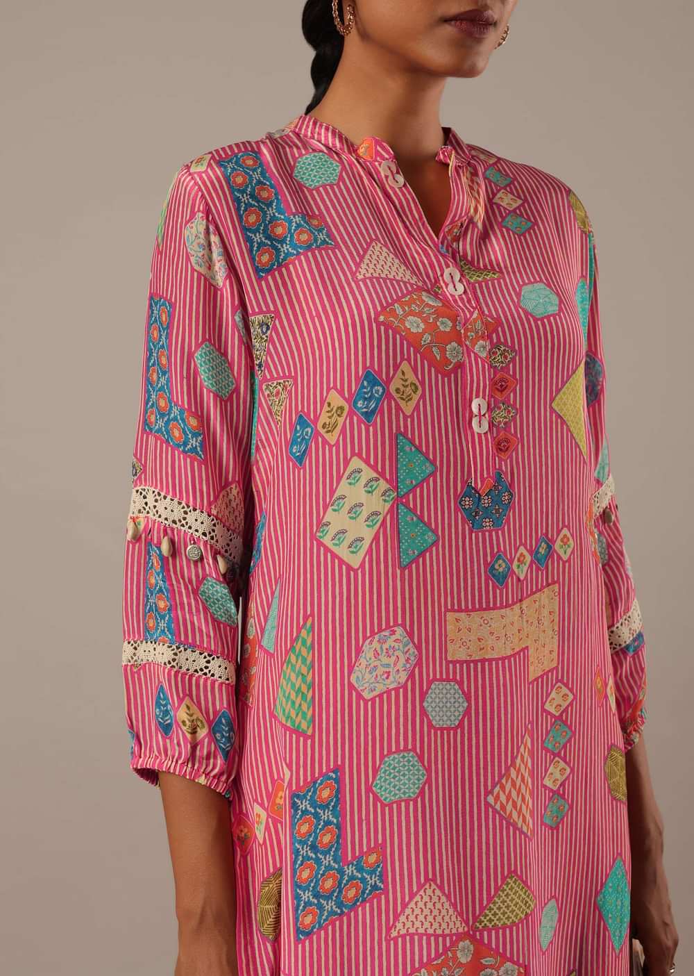 Pink Crepe Printed Kurta And Pant Set With Shirt Collar