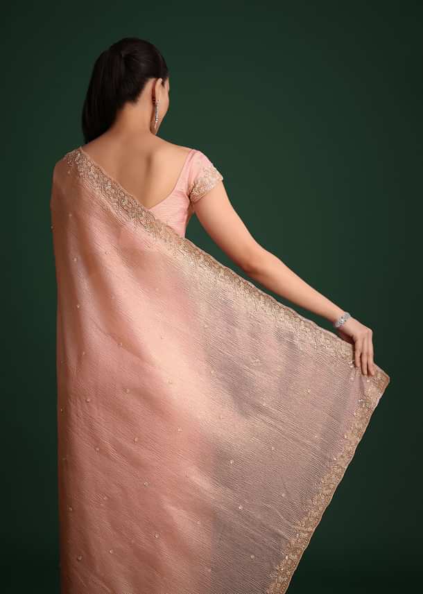 Pink Crushed Silk Saree With Sequin Work