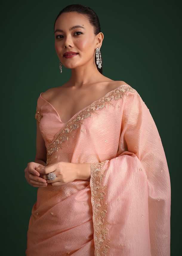 Pink Crushed Silk Saree With Sequin Work