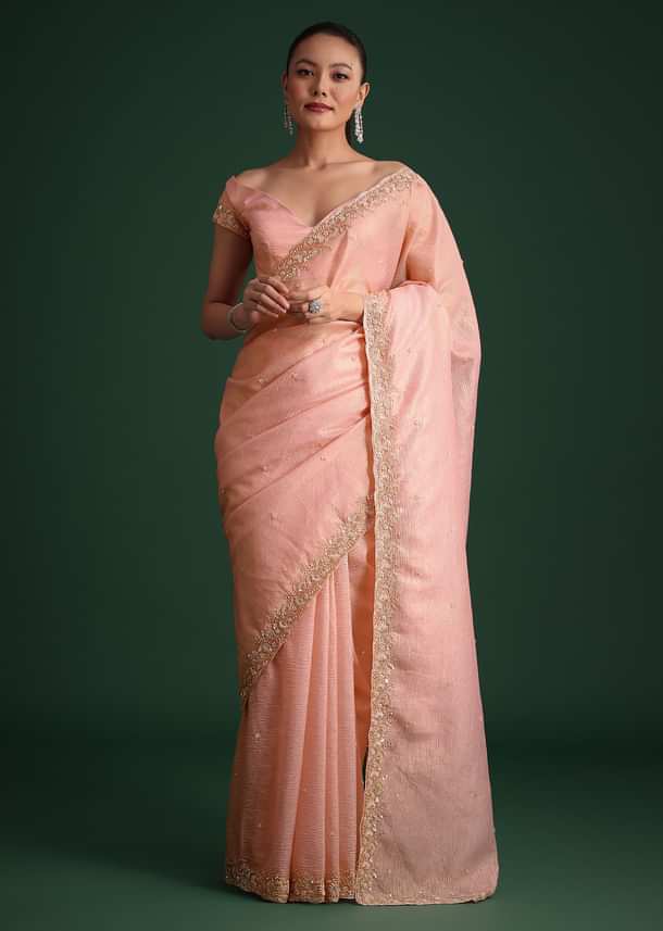 Pink Crushed Silk Saree With Sequin Work