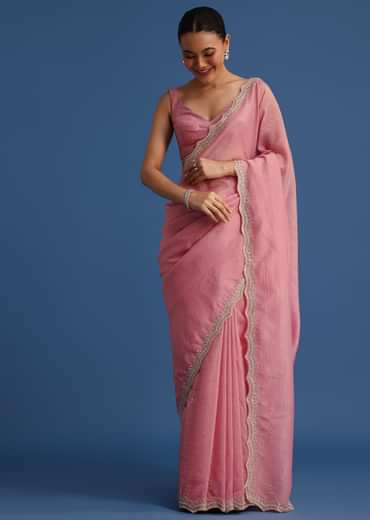 Pink Crushed Tissue Saree With Embroidered Border