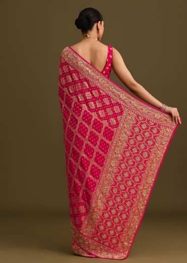 Pink Cutdana Embroidered Bandhani Weave Saree With Unstitched Blouse