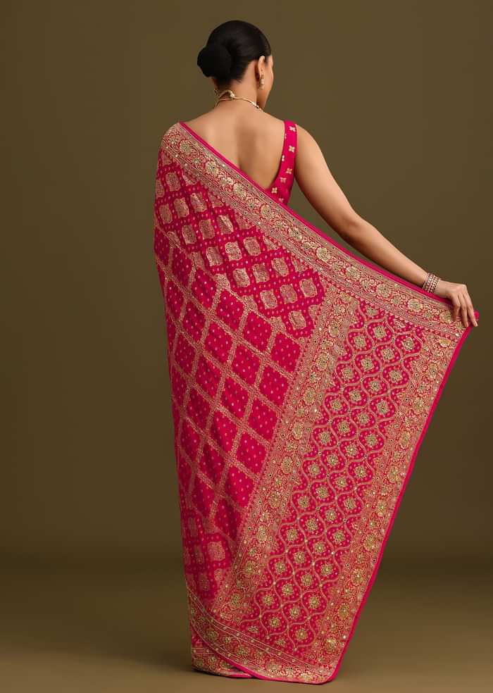 Pink Cutdana Embroidered Bandhani Weave Saree With Unstitched Blouse
