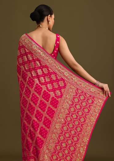 Pink Cutdana Embroidered Bandhani Weave Saree With Unstitched Blouse