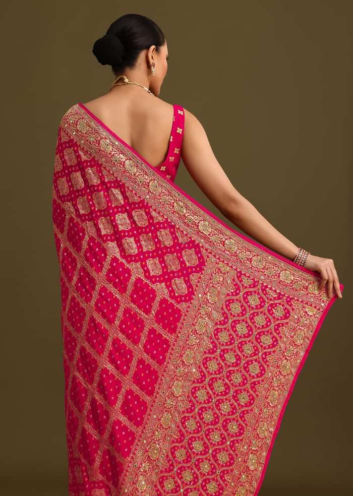 Pink Cutdana Embroidered Bandhani Weave Saree With Unstitched Blouse