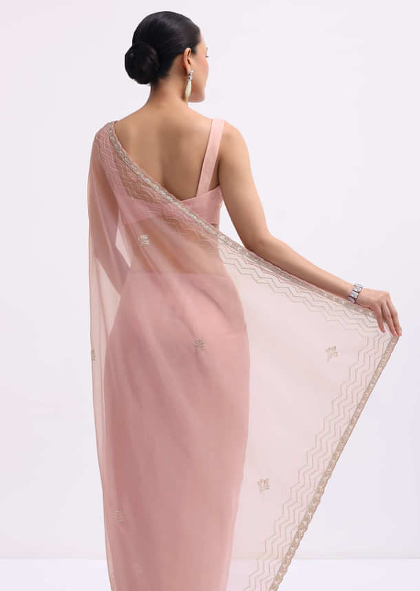 Pink Cutdana Embroidered Organza Saree With Unstitched Blouse Pink Cutdana Embroidered Organza Saree With Unstitched Blouse