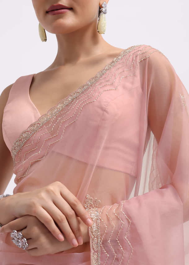 Pink Cutdana Embroidered Organza Saree With Unstitched Blouse Pink Cutdana Embroidered Organza Saree With Unstitched Blouse
