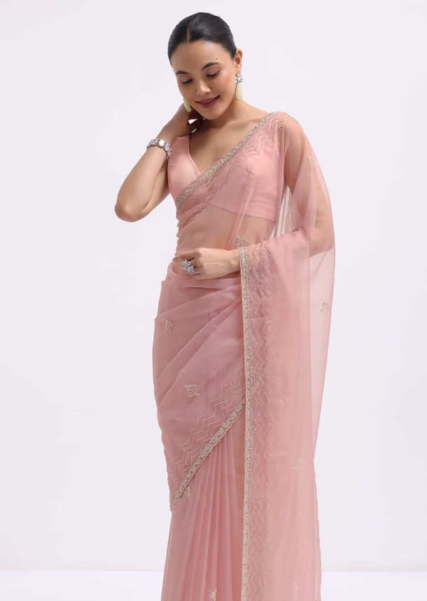 Pink Cutdana Embroidered Organza Saree With Unstitched Blouse Pink Cutdana Embroidered Organza Saree With Unstitched Blouse