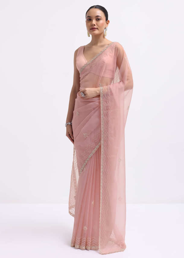 Pink Cutdana Embroidered Organza Saree With Unstitched Blouse Pink Cutdana Embroidered Organza Saree With Unstitched Blouse