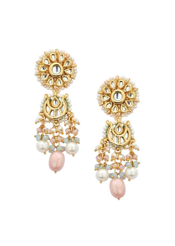 Pink Danglers With Bead Drops And Floral Motif Pink Danglers With Bead Drops And Floral Motif