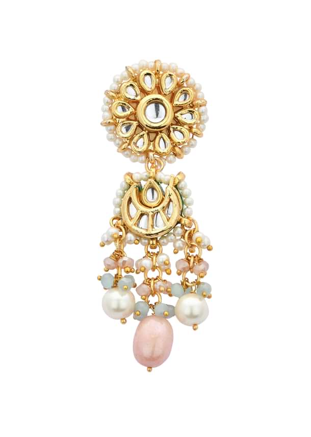 Pink Danglers With Bead Drops And Floral Motif Pink Danglers With Bead Drops And Floral Motif