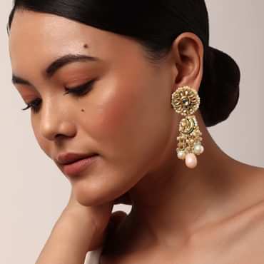 Pink Danglers With Bead Drops And Floral Motif