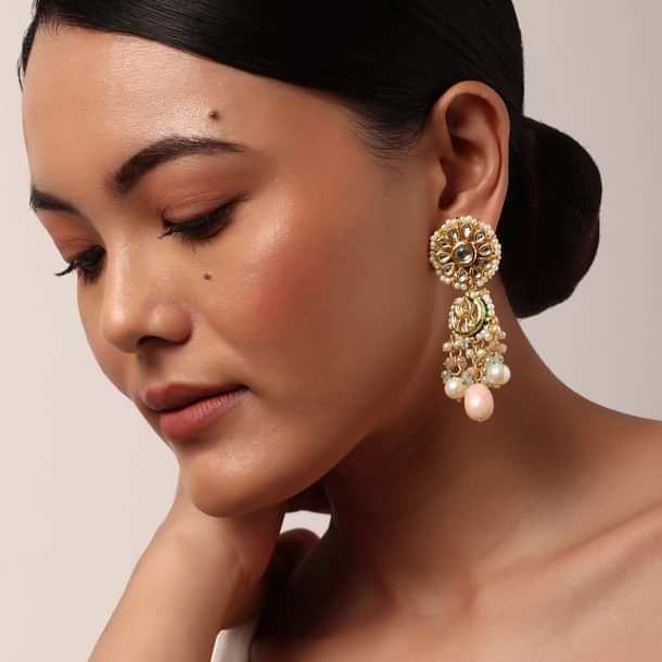 Pink Danglers With Bead Drops And Floral Motif Pink Danglers With Bead Drops And Floral Motif