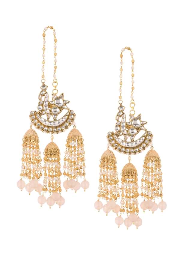 Pink Danglers With Three Bell Drops In Gold Finish Mix Metal Pink Danglers With Three Bell Drops In Gold Finish Mix Metal