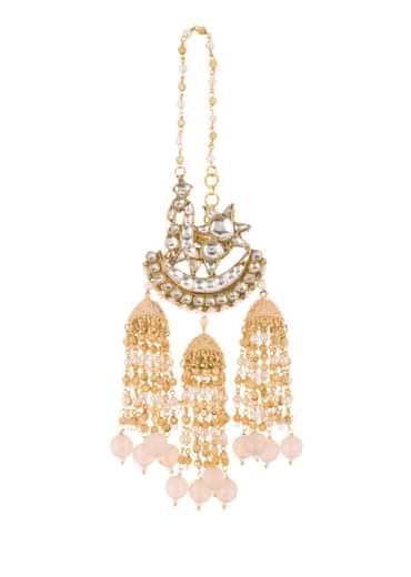 Pink Danglers With Three Bell Drops In Gold Finish Mix Metal