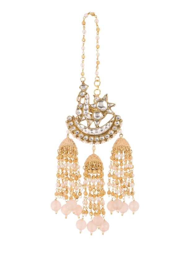 Pink Danglers With Three Bell Drops In Gold Finish Mix Metal Pink Danglers With Three Bell Drops In Gold Finish Mix Metal