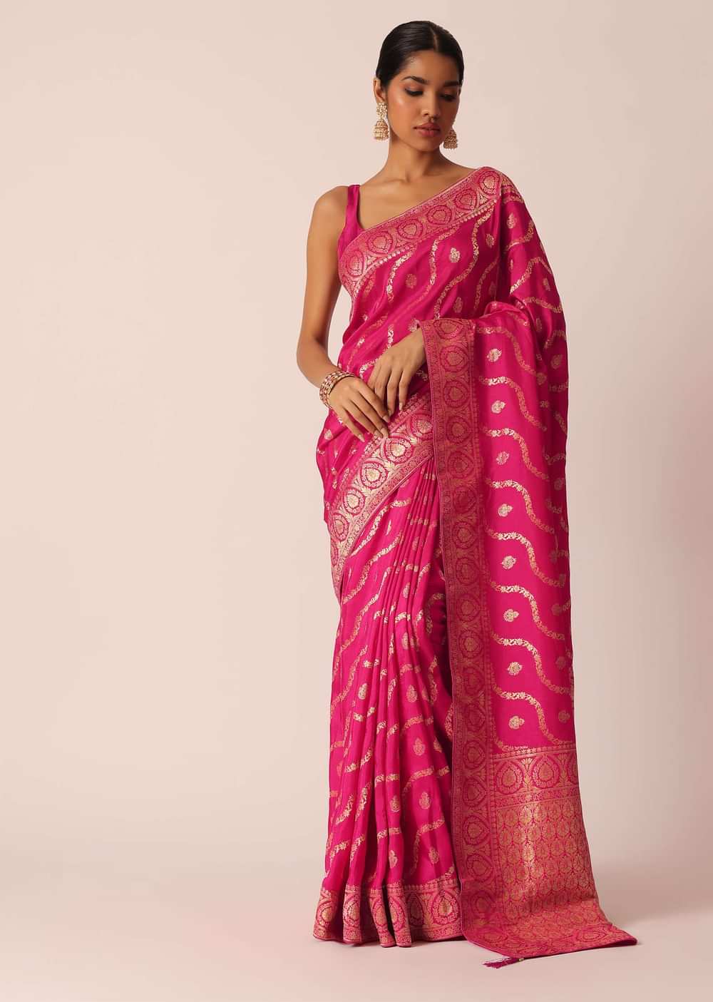 Pink Dola Silk Saree With Gold Zari Weave Butti Detail And Unstitched Blouse Piece
